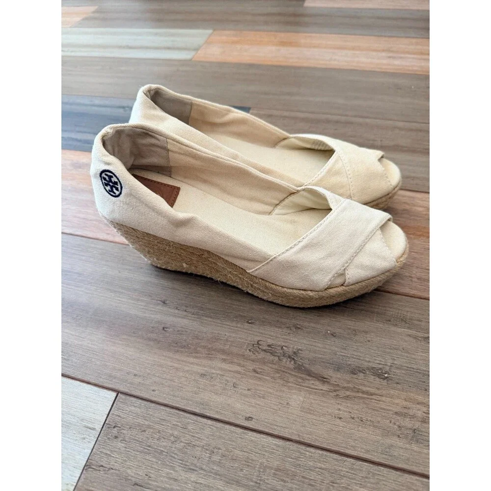 Tory Burch Canvas Jute Peep Toe Wedge Espadrilles Cream Size 8.5 M  Classic